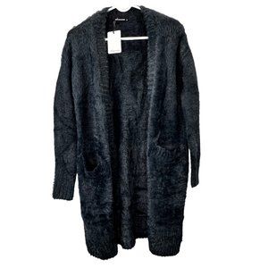 Olivaceous Cardigan Sweater Charcoal Gray Open Front size M Fuzzy Faux Fur NWT